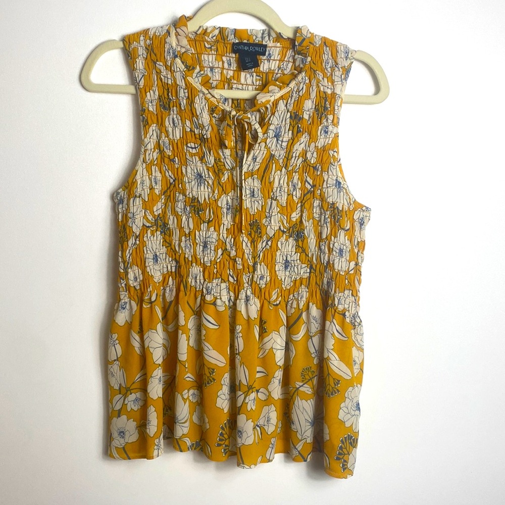 CYNTHIA ROWLEY Women's Sleeveless Mustard Floral Print Top Tie Front Size Small